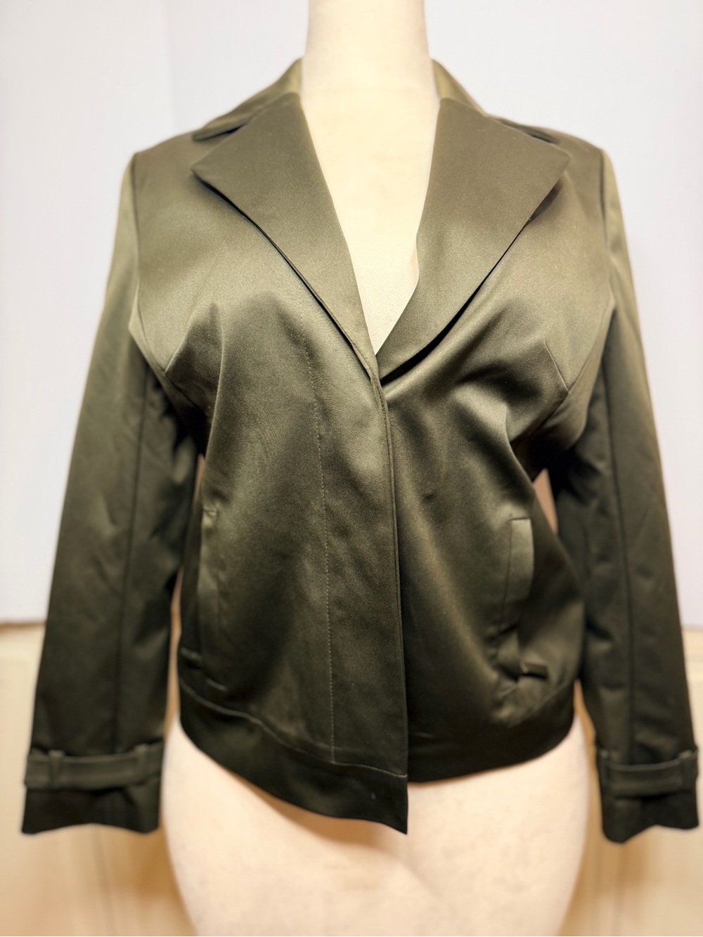 Coldwater Creek Size 10 Olive Satin Look Utility Jacket Buckle Cuff Office Siren